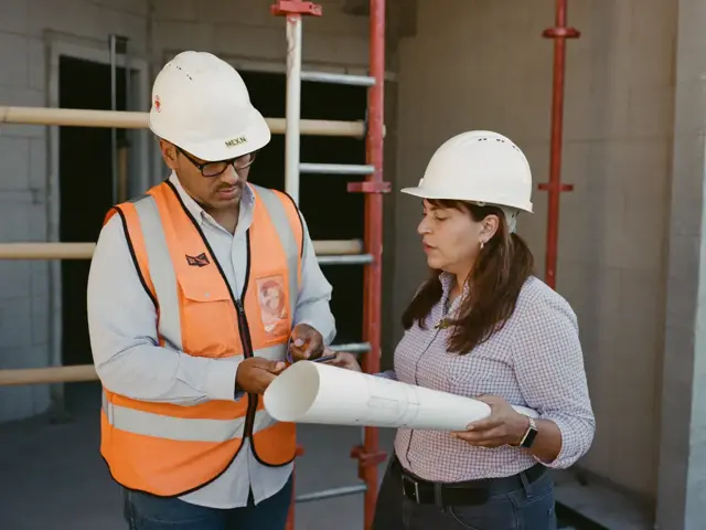 Residente de obra y arquitecta revisando el celular en la obra